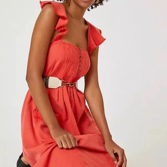NWT 🆕 Anthropologie Pilcro XSP Flutter Sleeve Midi Dress - Redish Orange - Picture 4 of 12